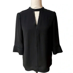 Reiss Kris Chiffon Blouse | Black Peekaboo Neckline 3/4 Sleeve Top – Size 2